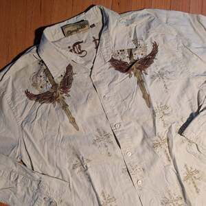 VTG Y2K Franky Max Live Fast Die Young Rhinestone Tan Button Down